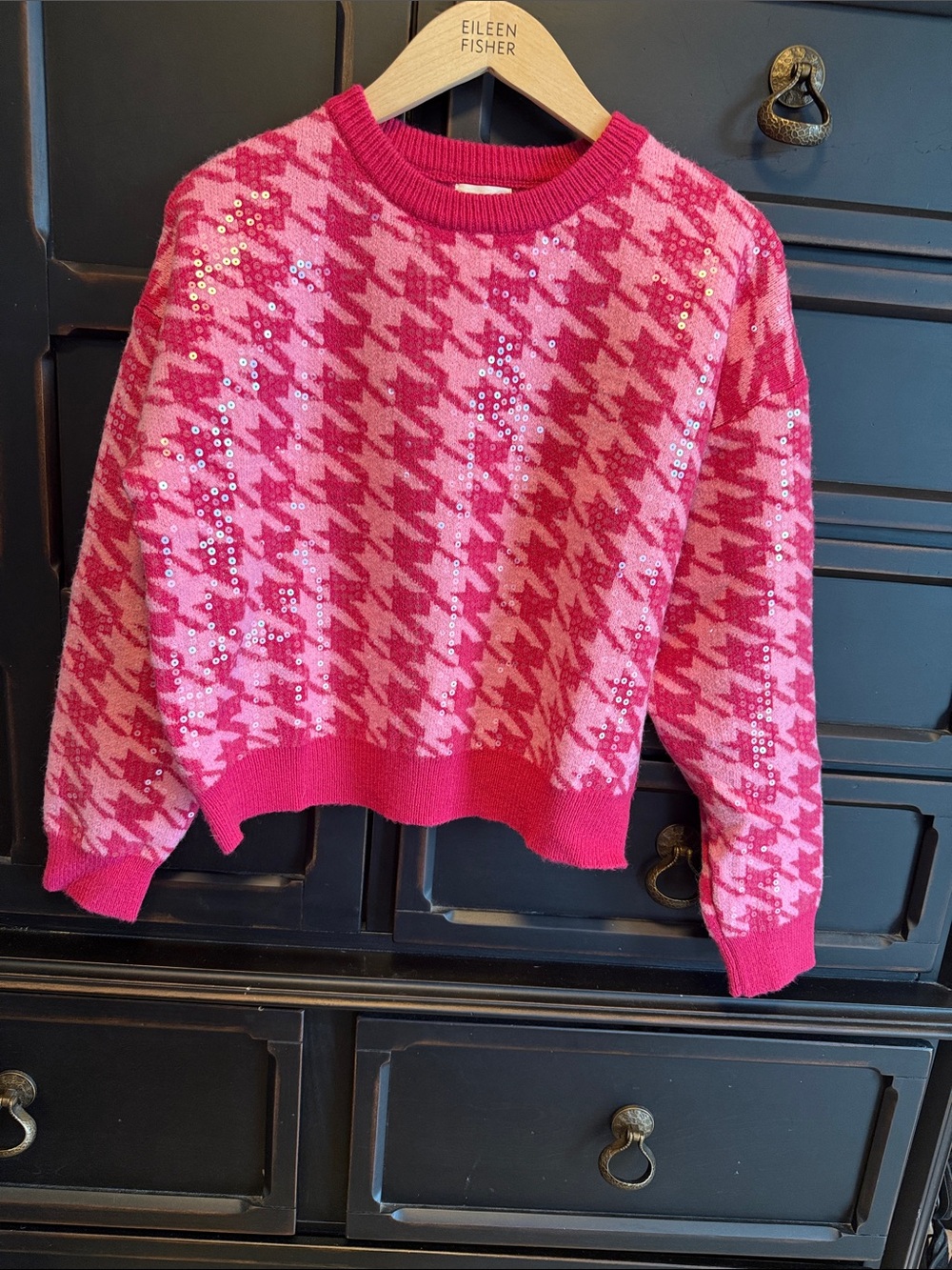 debut Pink Houndstooth Sequin Crewneck Sweater